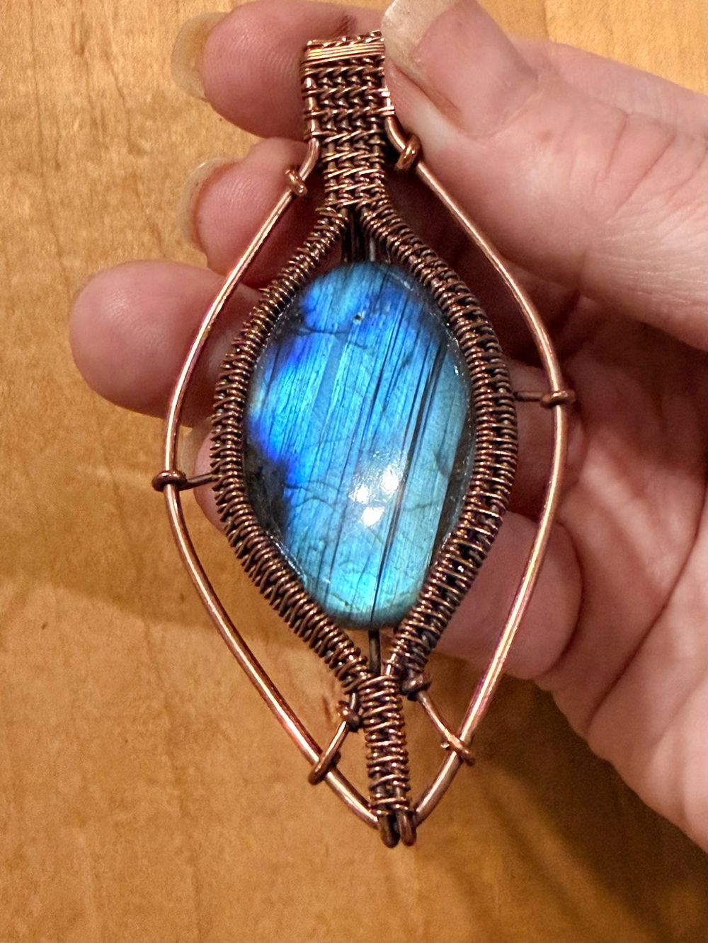 Handcrafted Copper Wire-Wrapped Bright Blue Labradorite Pendant Necklace